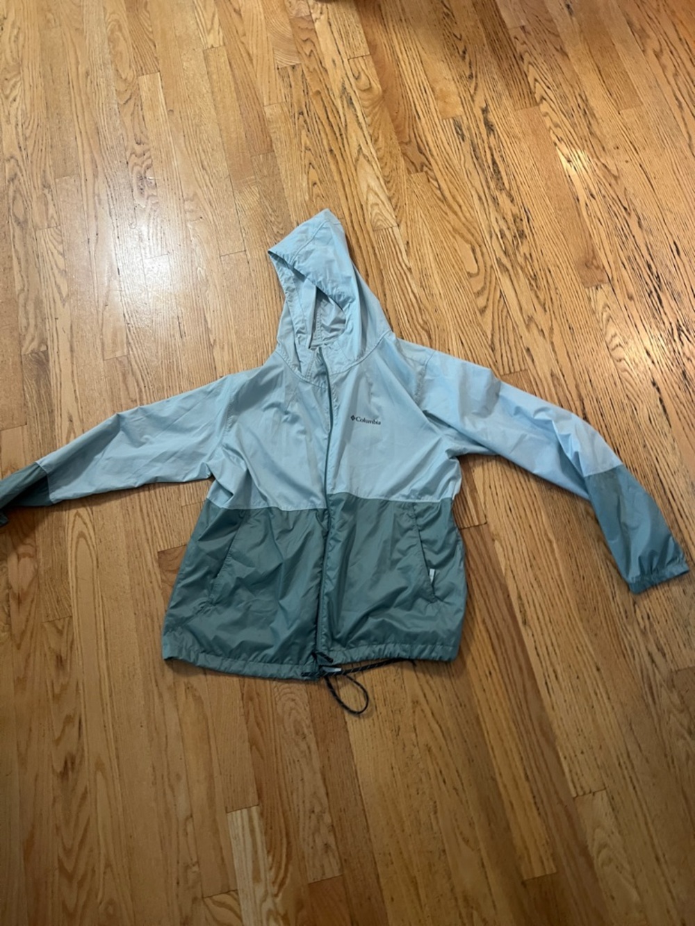 Columbia Two-Tone Light and Teal Blue Hooded Windbreaker